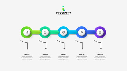 Horizontal timeline with 5 circles and arrows. Abstract infographic template