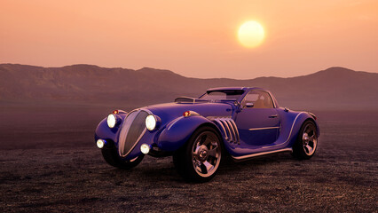 Fototapeta na wymiar Fantasy blue luxury roadster sports car with headlights on during sunset in a desert landscape. 3D rendering.