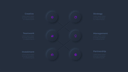 Six neumorphic circles. Concept of 6 options of business development process on the dark dackground. Infographic element