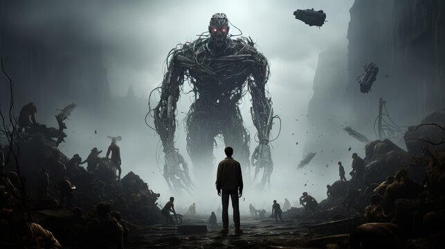 a man standing in front of a giant metal creature. Generative AI Art.