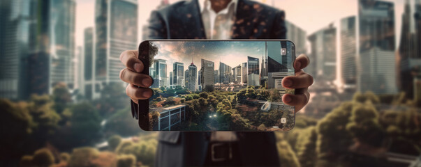 Photo of a businessman holding a smart phone. Double exposure photo of the panoramic city . Generative AI