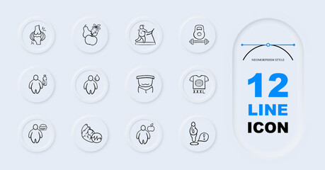 Fat-Burning Workouts Icon. Obesity, xxl t-shirt, dumbbell, heart problems, fruits, vegetables, scales. Vector 12 line icon
