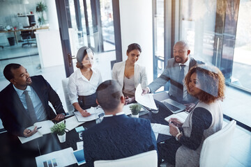 Meeting, documents and planning with business people in office for strategy, corporate or teamwork....