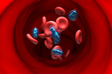 Paracetamol (Acetaminophen, TYL) molecule in the blood flow - section view 3d illustration