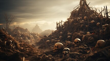 a pile of skulls on a dirt hill. Generative AI Art. - 618194931