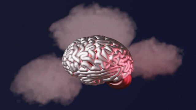 Human brain in clouds creative contemporary art 3d animation 4K. Mental health awareness Disorder Mindfulness Cognitive development Mind well-being Anxiety Sadness Depression Fatigue Emotional burnout