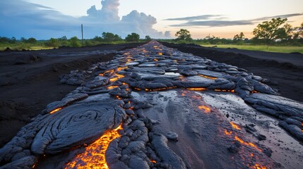 lava flowing lava on a road. Generative AI Art.
