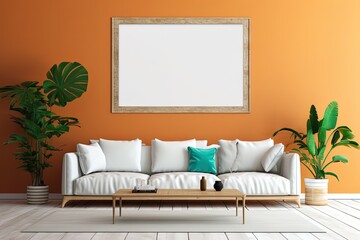 minimal comfy mood living room with a white sofa and empty art wall hanging frame on orange wall, mockup idea, Generative Ai	