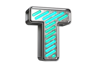 Silver and teal neon typography letter T. Flashing lettering for creating titles, ad headers and eye-catching texts. High quality 3D rendering.