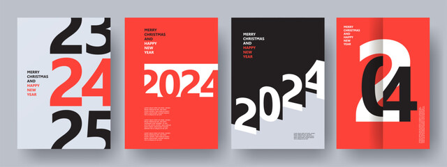 Creative concept of 2024 Happy New Year posters set. Design templates with typography logo 2024 for celebration and season decoration. Minimalistic trendy backgrounds for branding, banner, cover, card