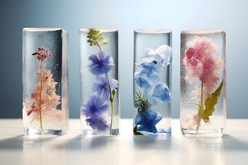 Floral ice cubes. Long rectangular ice cubes with frozen flowers standing on the table over grey background. Floral ice commercial banner, creative. Ice cubes with flowers inside. AI generated