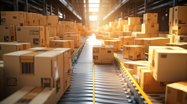 Boxes on the conveyor, postal service - Generative AI technology