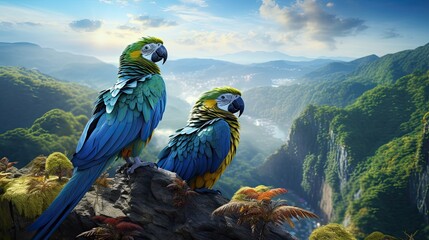 A hyper realistic blue parrot and a bright green parrot on the top of a mountain