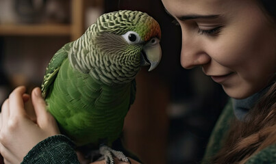 Obraz premium Green Quaker parrot is sitting on woman shoulder, generative AI