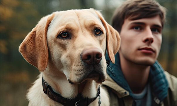 Cropped image of handsome young man with labrador outdoors, generative AI