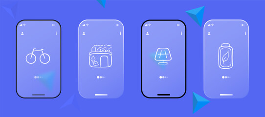 Green Energy Icon. Bicycle, green factory, solar panels, solar energy. Glassmorphism style. Ui phone app