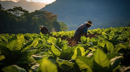 Fototapeta premium harvesting tobacco on a plantation - Generative AI technology