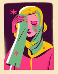 Sad woman crying hidden behind a headscarf in a scene full of very bright pop colours.