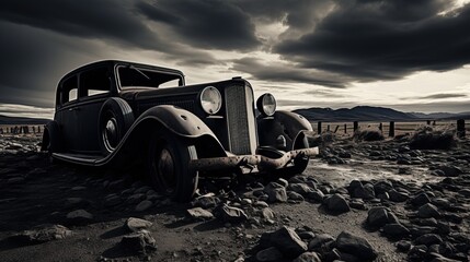 Fototapeta na wymiar an old car parked in a rocky area. Generative AI Art.