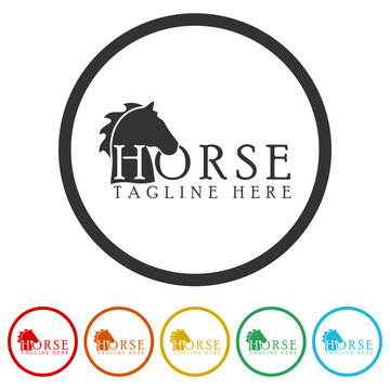 Horse logo template. Set icons in color circle buttons