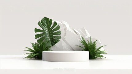Product display podium with nature leaves, Background for cosmetic product branding, identity and packaging