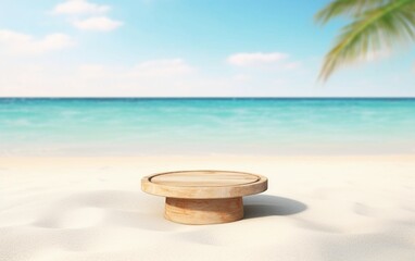 Fototapeta na wymiar Wooden platform podium with a beach in the background, product presentation background