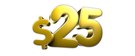Golden yellow number 25 dollars 3D illustration. Advertising signs. Product design. Product sales.