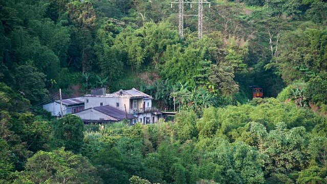 A yellow diesel train is driving in the mountains and forests. Pass a house. Along the Pingxi line, there are river valleys, potholes and waterfalls. Taiwan