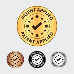 patent applied round with tick mark badge icon, symbol, sign, logo, emblem, sticker, inovation, isolated flat vector illustration. 