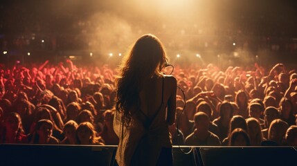 a beautiful female singer giving music concert performance in a huge crowded stadium arena hall on a stage. Epic lights and flashlights. singer with a backless dress and curly hair. Generative AI - obrazy, fototapety, plakaty