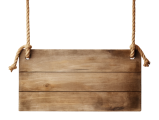Wooden sign with ropes isolated on transparent or white background, png