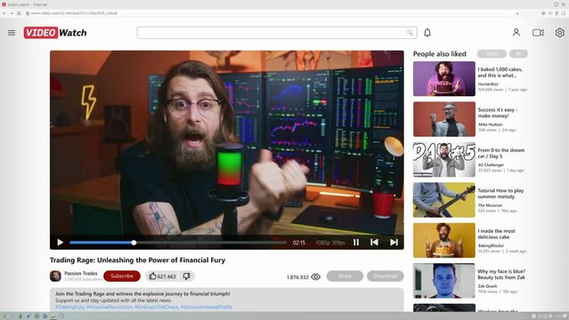 PC screen with animation of web browser window tab with video hosting page interface with video player and comments. Playback of blogger talking about cryptocurrency trading. Scrolling up and down.