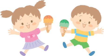 アイスクリームを持って喜ぶ男の子と女の子
