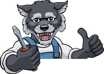 A wolf electrician, handyman or mechanic holding a screwdriver and peeking round a sign and giving a thumbs up