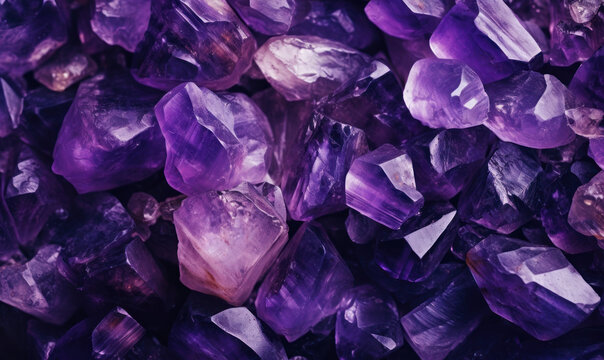 Background of amethyst stones. Purple banner of minerals. For postcard, book illustration.