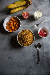 Top view of healthy breakfast food ingredients. Selective focus.