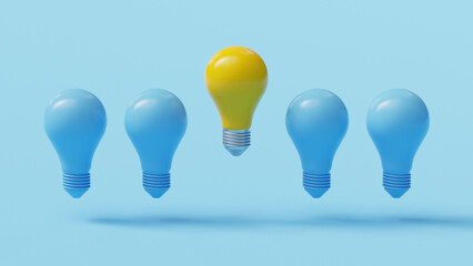 Glowing yellow Light Bulb between the others on light blue background. Leadership, innovation, great idea and individuality concepts. 3d rendered illustration