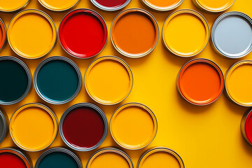 Many different colored tin cans with paint. House rennovation, design ideas, bright conceptual photo. High quality photo with copy space. AI generated