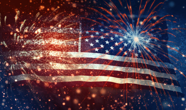 Fireworks on background Flag of America. USA independence day. 4th of July For banner, postcard, book illustration