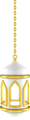 3d hanging white gold islamic lantern. Design element with metallic color. 3D render.
