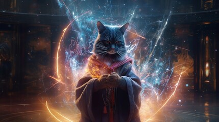 cat wizard casting spell illustration.Generative AI