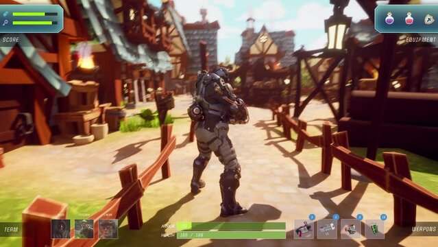 Gameplay of online shooter simulator. Modern third-person 3D team video game interface on PC or tablet screen. Character robot shoots from weapon. 3D animation. Concept of gaming and cybersport.