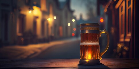 Beer Mug In Europe With Lights In Street 001 Generative AI