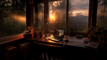 Home work place with laptop near window on sunset or sunrise AI generated