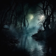 A river in a misty mysterious forest. High quality illustration