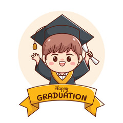 Banner or ribbon happy graduation boy with cap and gown cute kawaii chibi cartoon