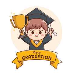 Banner or ribbon happy graduation boy holding trophy and paper cute kawaii chibi cartoon