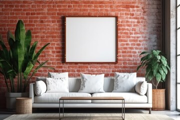 Blank white picture frame mockup on a rustic dark brick AI Generated