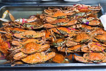 Many seafood crabs in vietnamese night market in food festival
