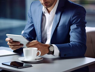 Businessman sitting at office desk having a coffee break, he is holding a mug and a digital tablet. Created with Generative AI technology.